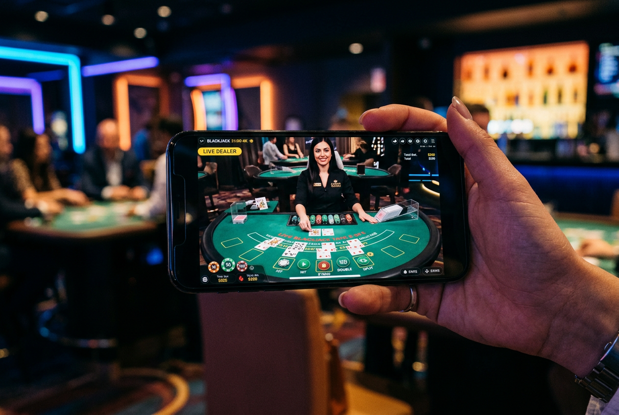 Smartphone displaying a high-definition live blackjack stream with a modern interface.